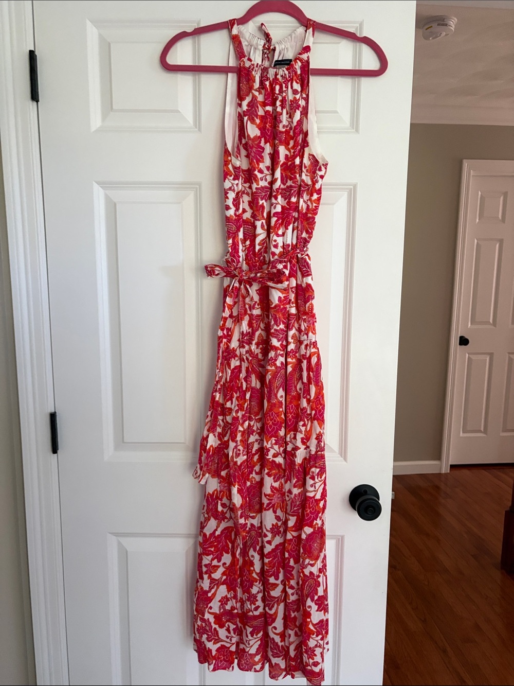 Tommy Hilfiger Floral Pink Red Maxi Dress with Tie Waist